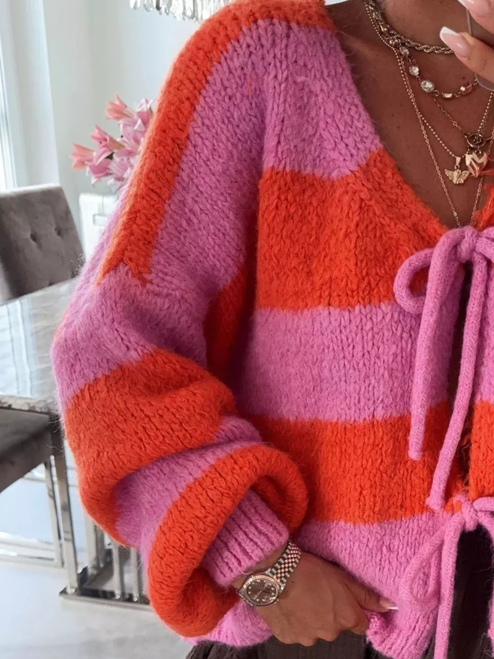Striped Tie-Front Knit Cardigan, image 14