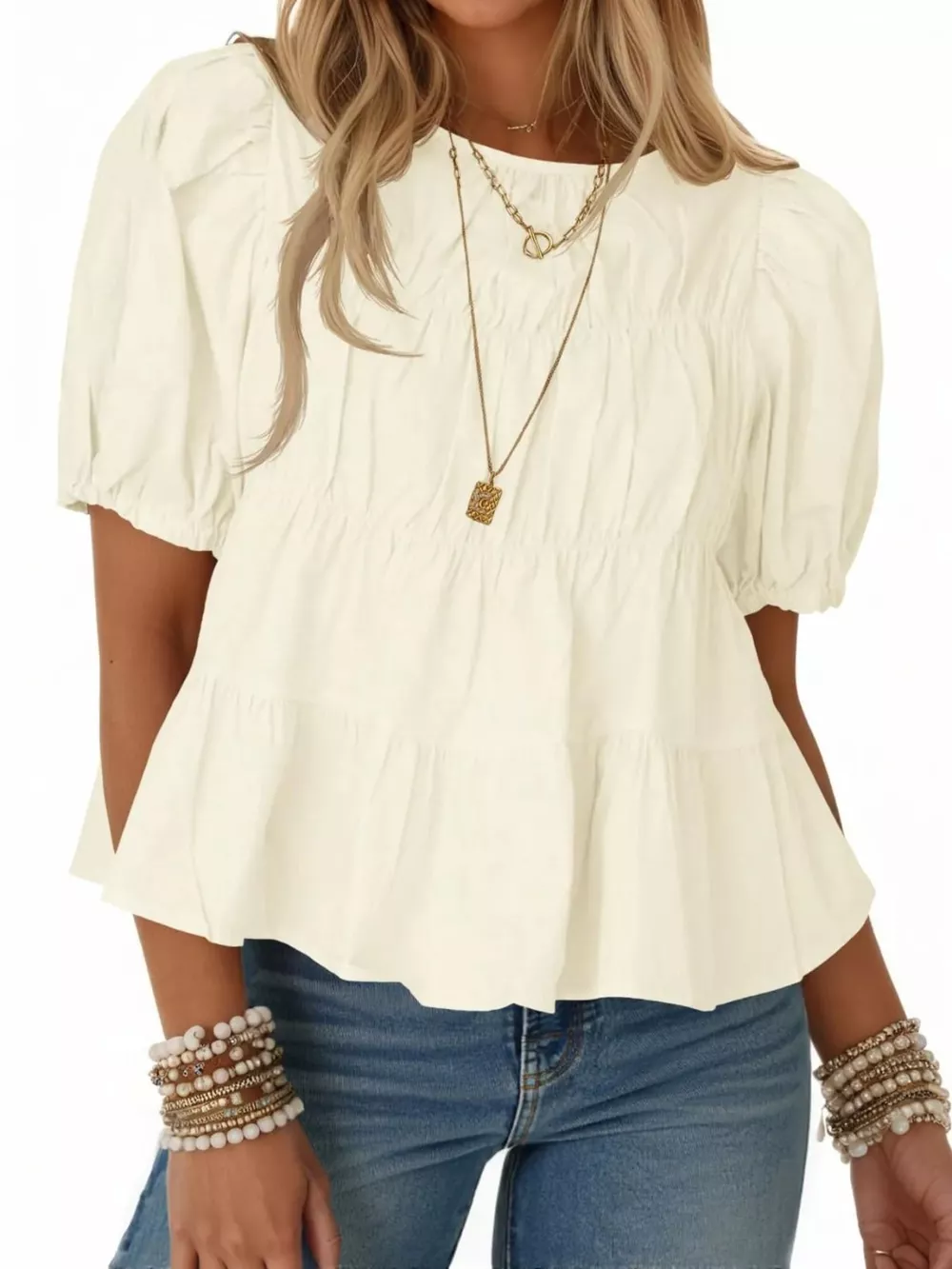 Ruched Tiered Puff Sleeve Blouse, image 8