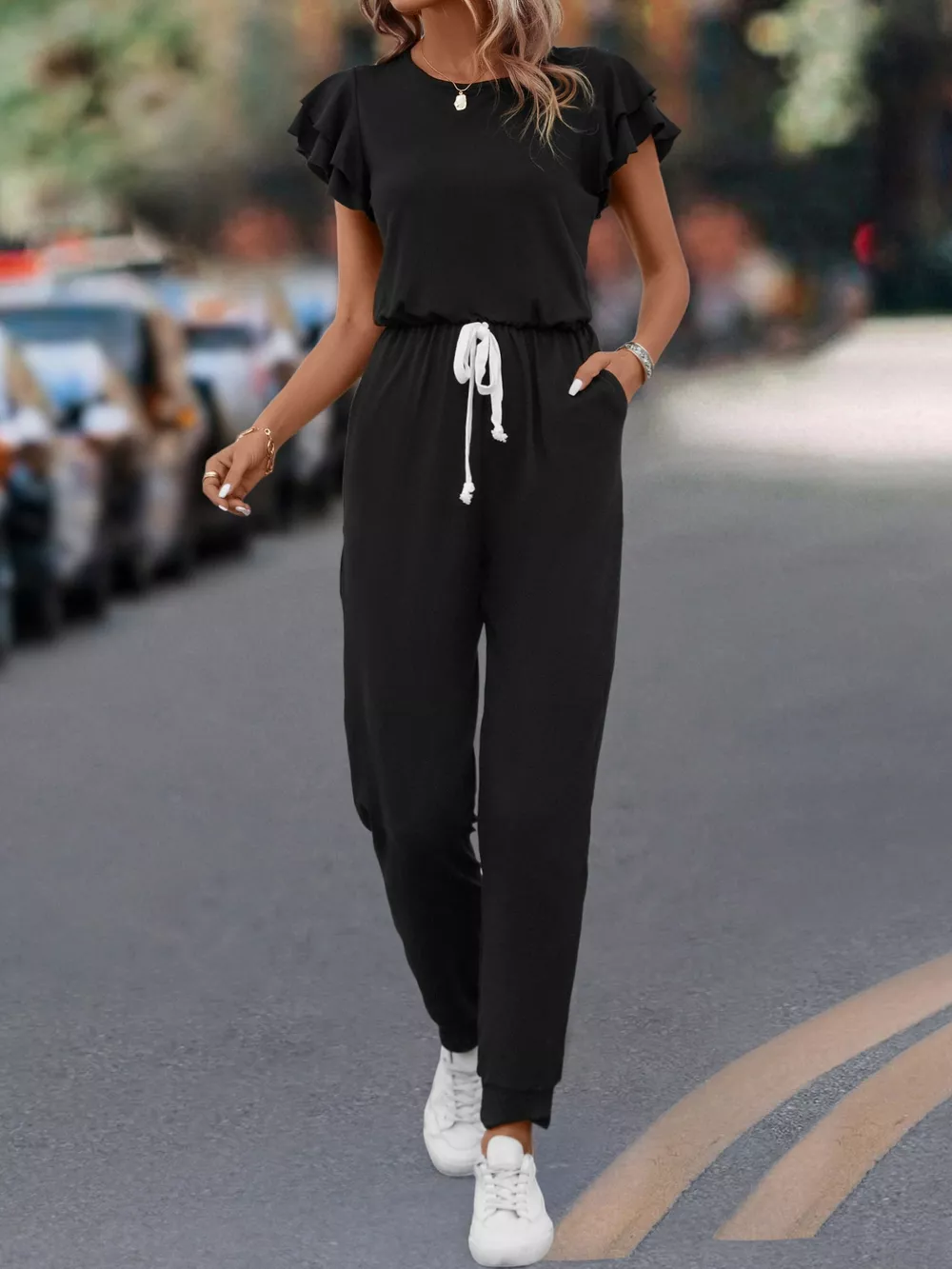Ruffle Sleeve Drawstring Waist Casual Jumpsuit