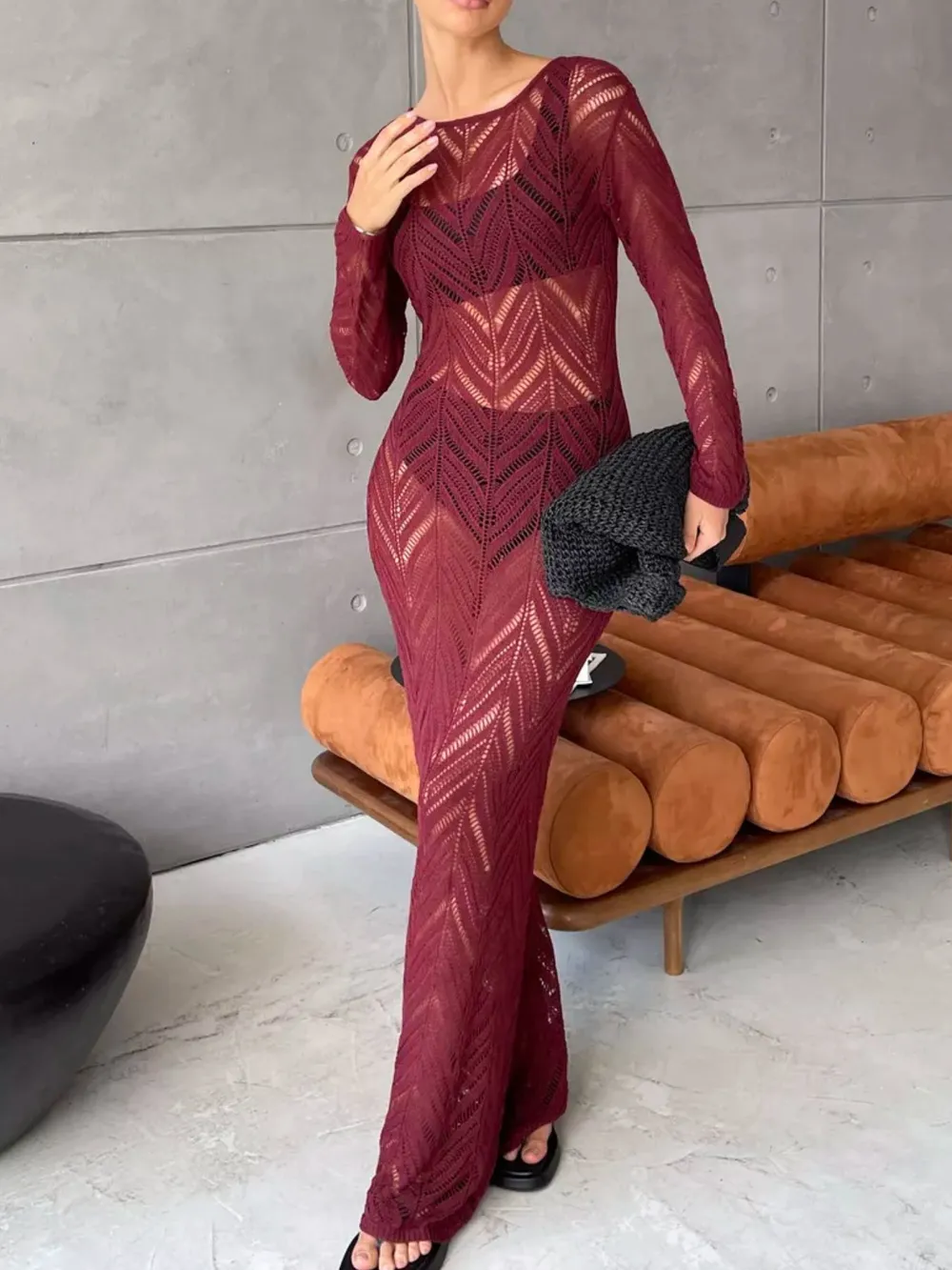 Openwork Long Sleeve Knit Cover Up Dress, image 8