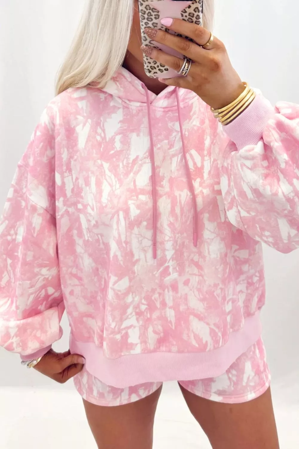 Abstract Print Loose Hoodie Slim Shorts 2pcs Set, image 5