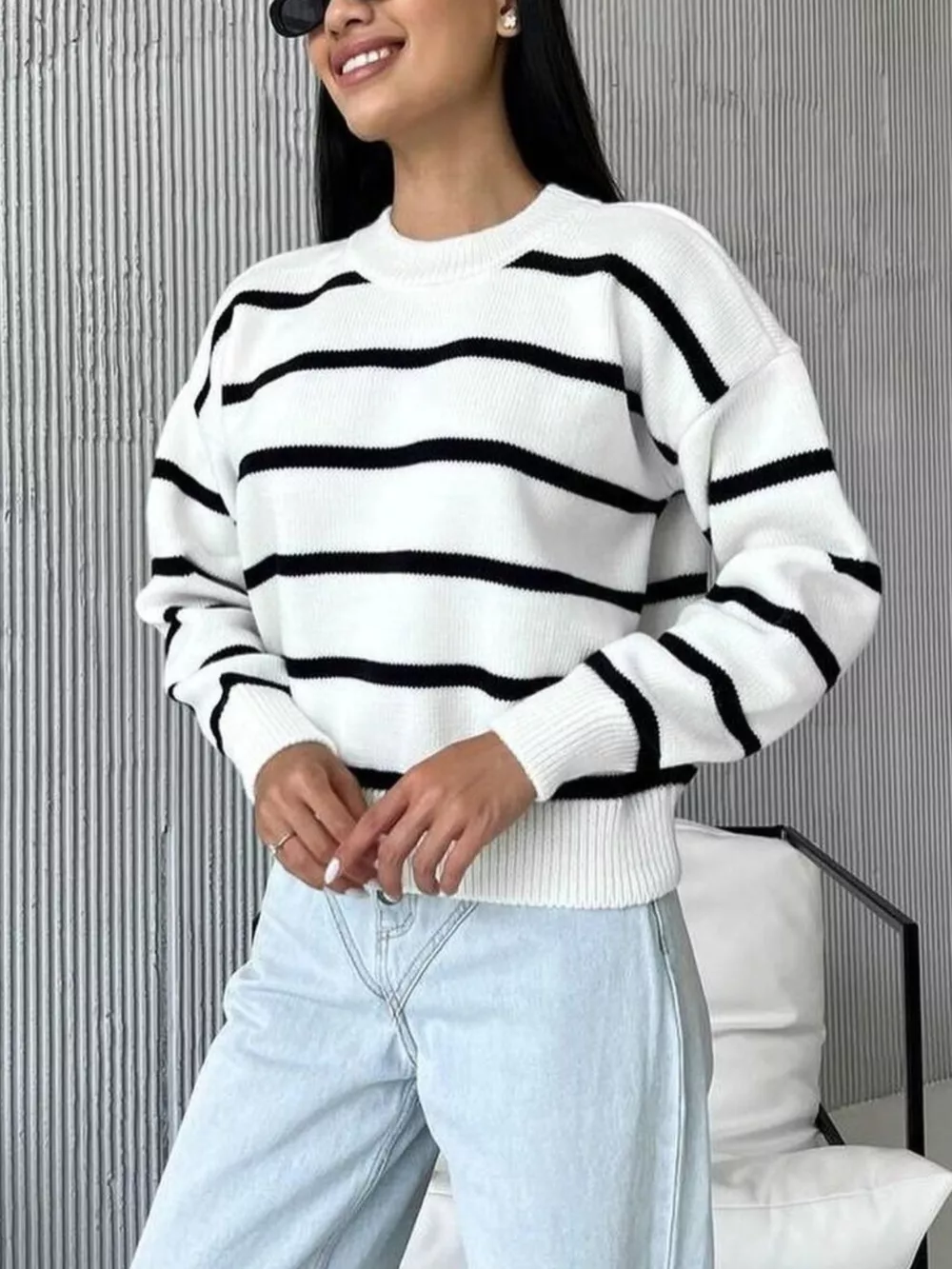 Striped Knit Round Neck Sweater, image 6