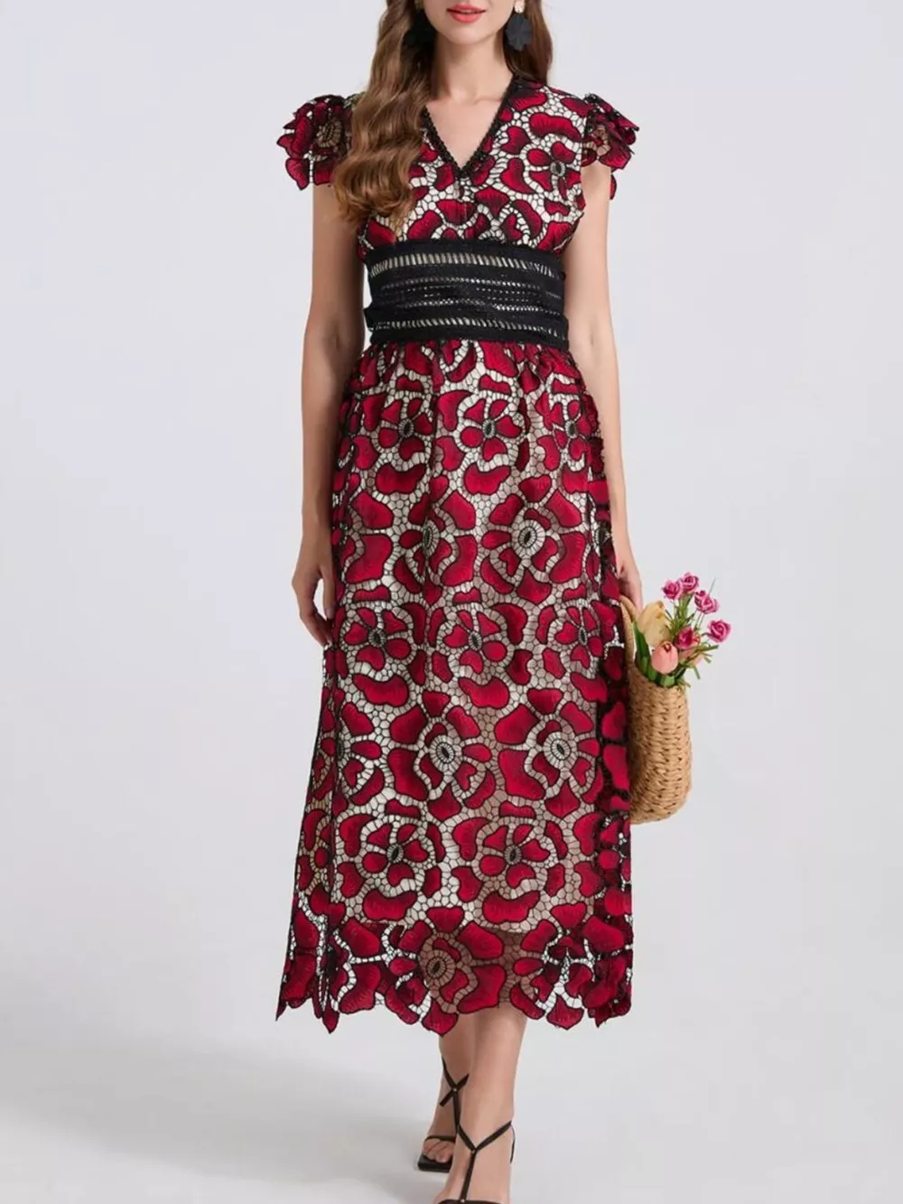 Printed V-Neck Ruffle Sleeve Midi Dress, image 19
