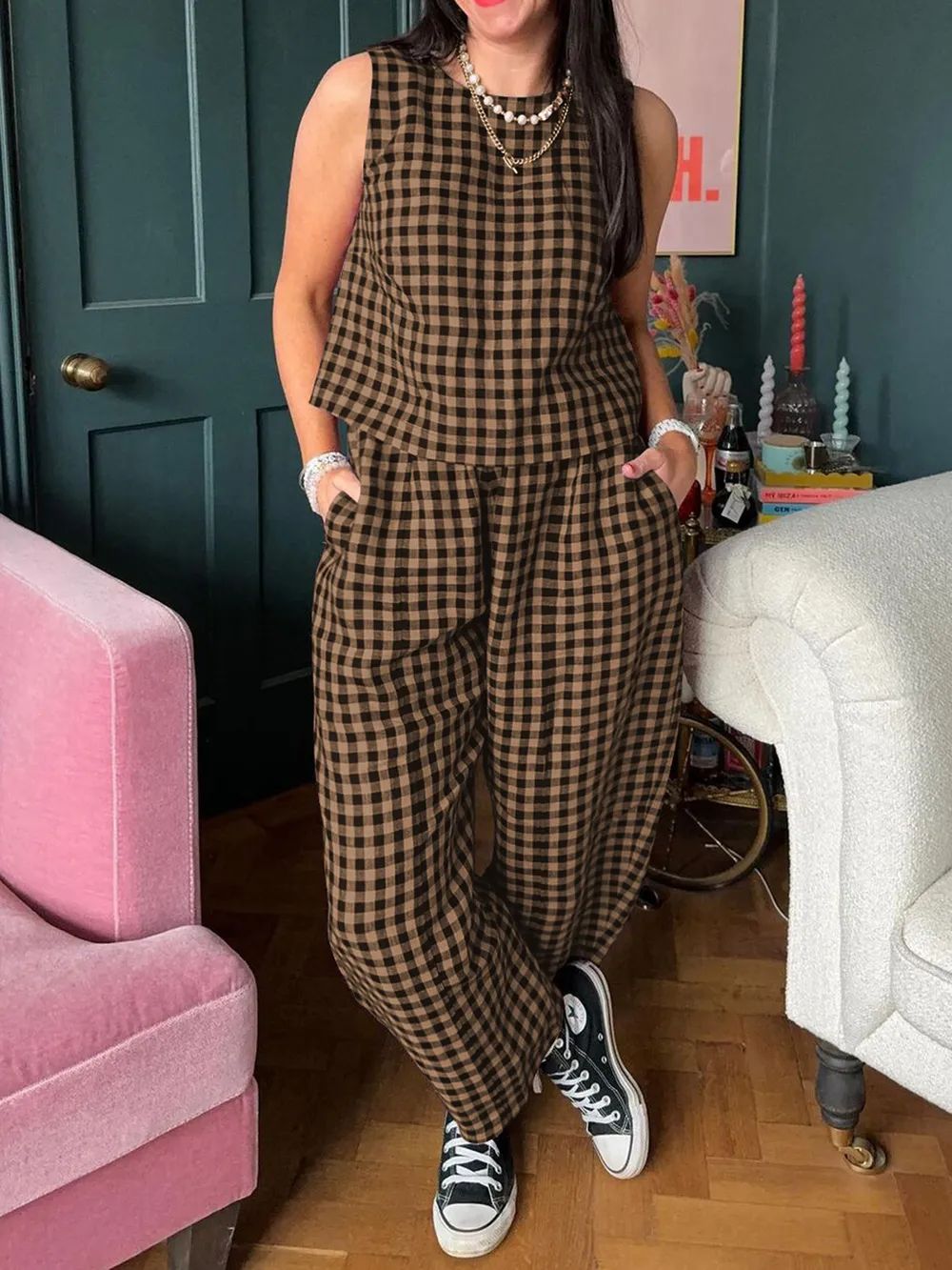 Plaid Round Neck Sleeveless Top and Pants Set, image 8