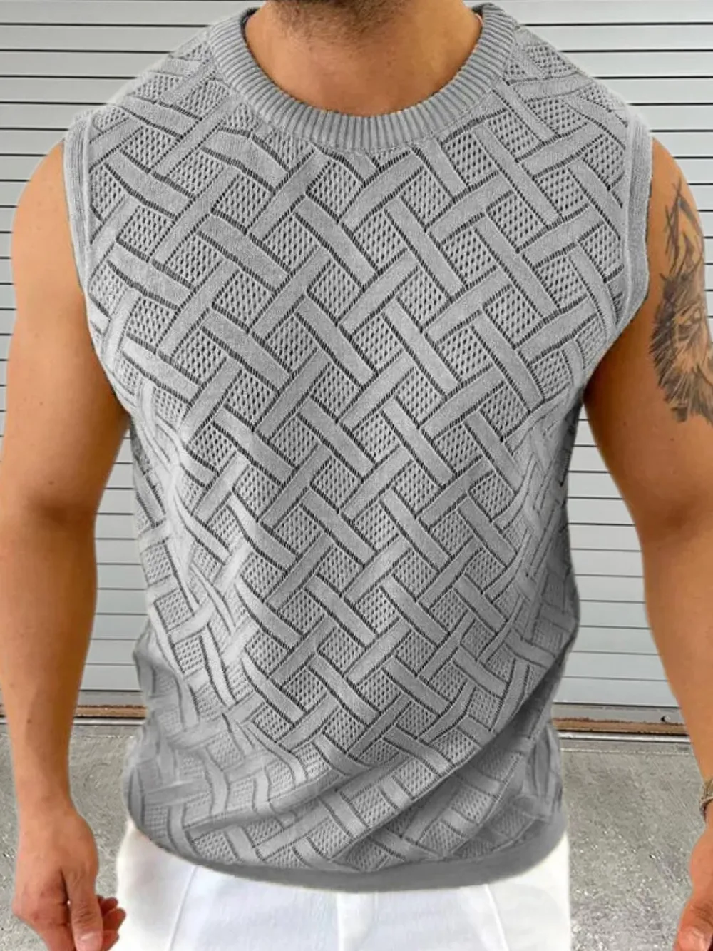 Men's Round Neck Sleeveless Eyelet Knit Top, image 3
