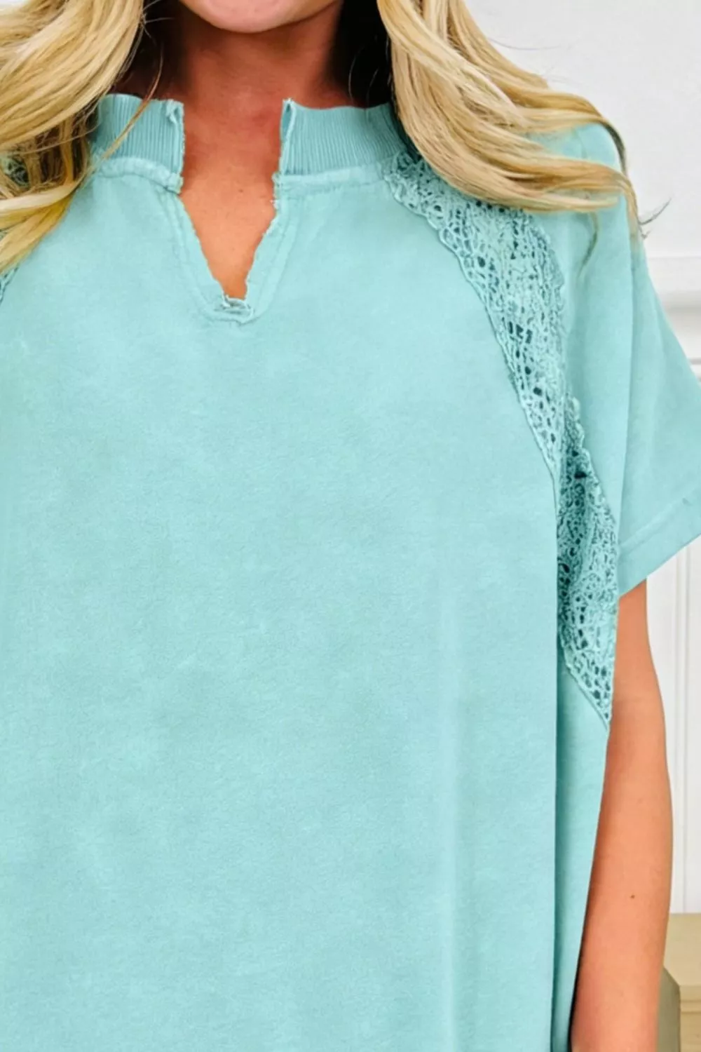 Notched Neck Lace Patchwork Detail Mineral Wash Tee, image 2