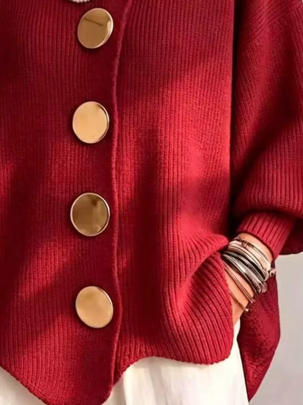 Full Size Ribbed Knit Gold Buttons Cardigan Plus Size, image 3