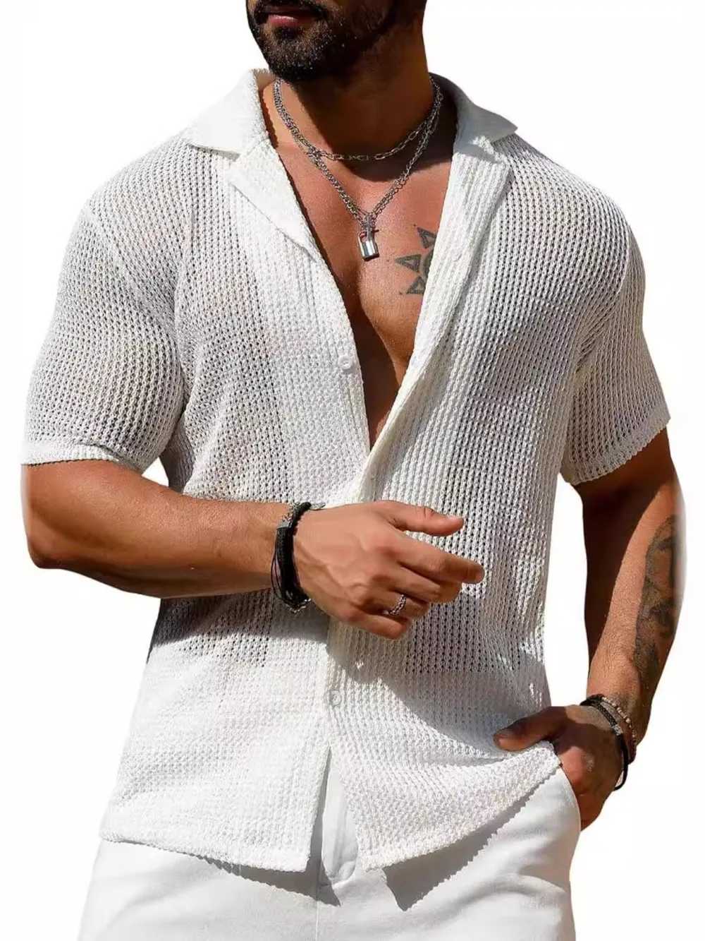 Men's Full Size Openwork Button Down Short Sleeve Shirt Plus Size, image 5