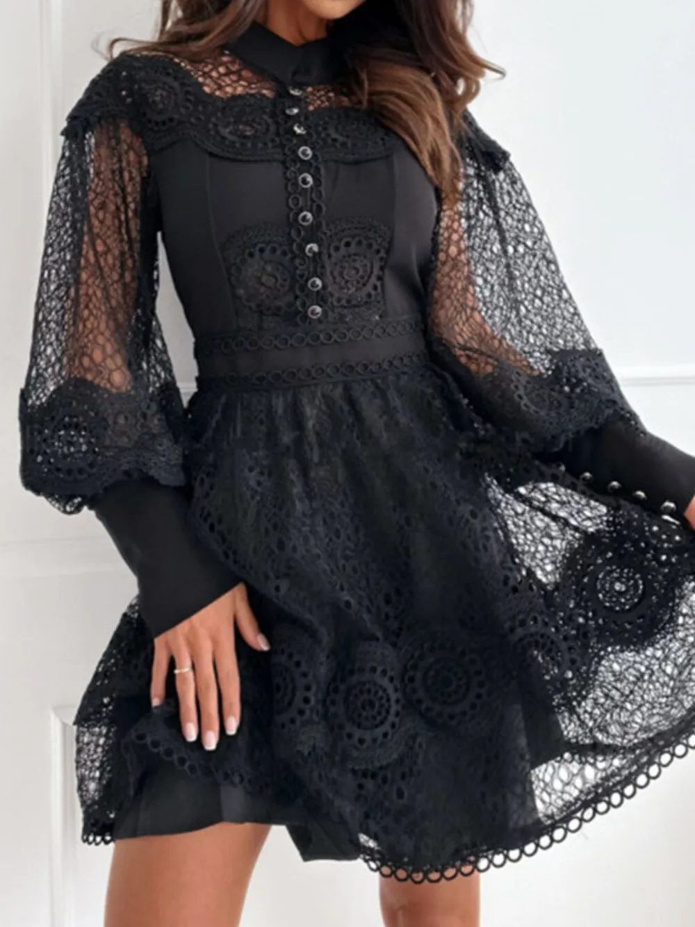 Lace Lantern Sleeve Mini Dress, image 10