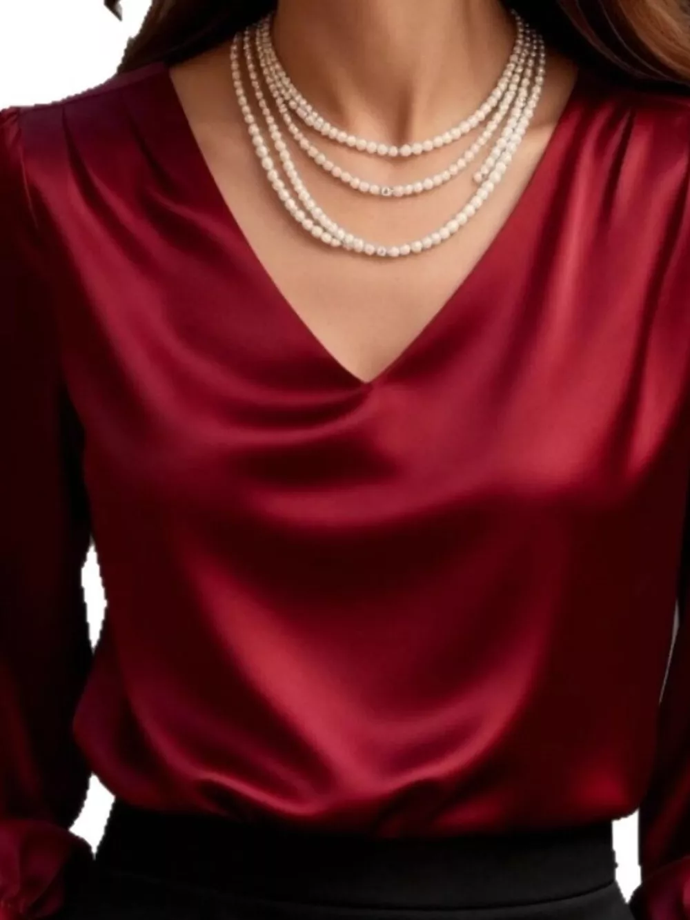 Satin V-Neck Long Sleeve Blouse, image 6