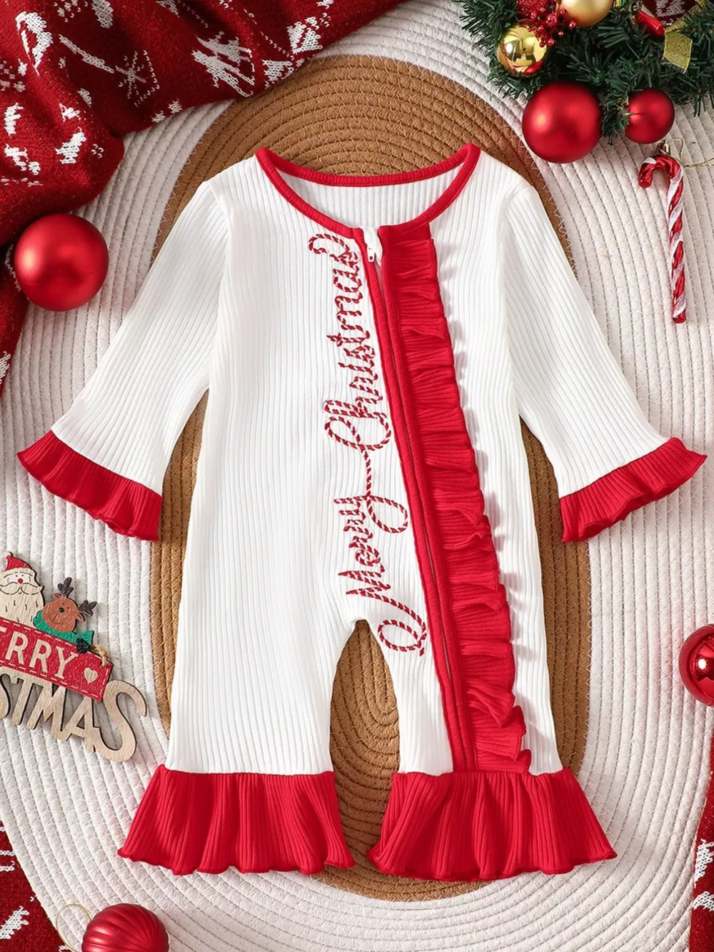 Children's Christmas Ruffle Trim Ribbed Jumpsuit
