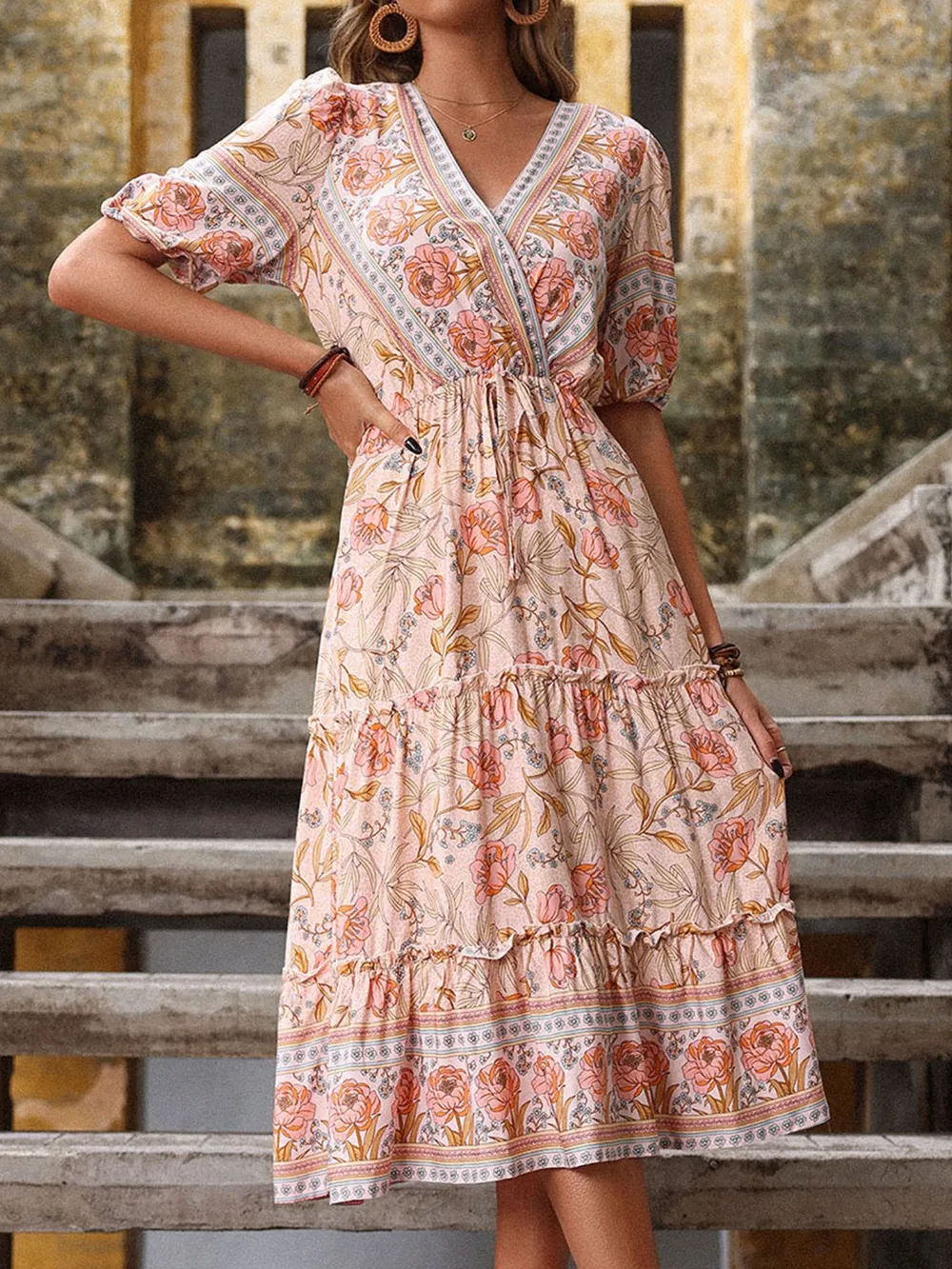 Printed Surplice Tiered Midi Dress, image 3