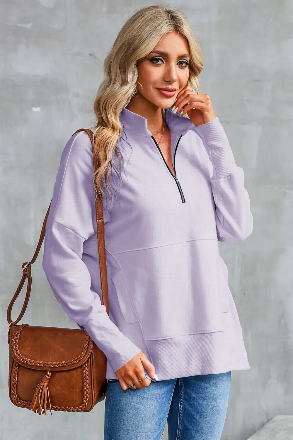 Half Zip Pocketed Dropped Shoulder Sweatshirt, image 11