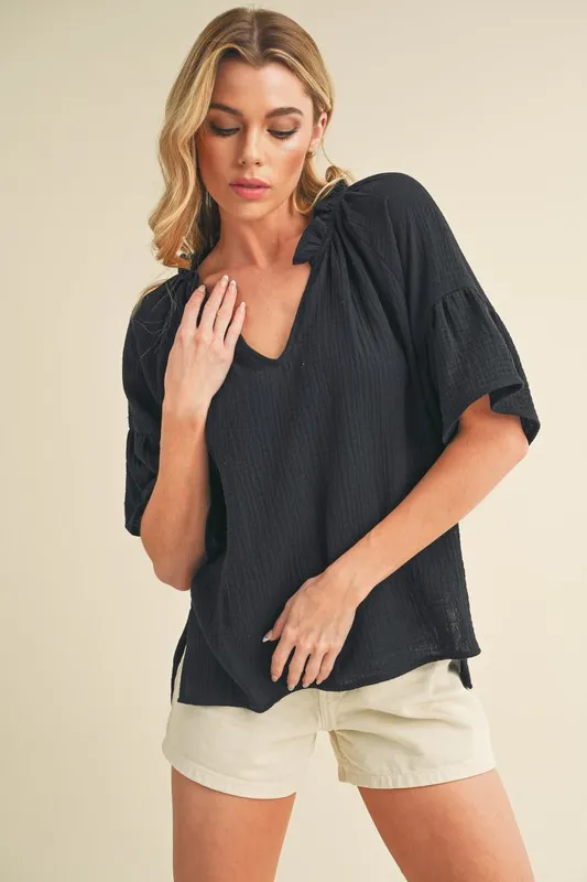 Side Slit Notched Ruffled Half Sleeve Blouse, image 2