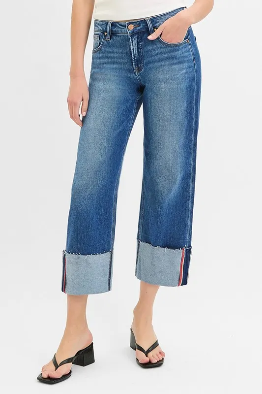 Full Size Tummy Control Mid Rise Crop Wide Cuffed Jeans Plus Size