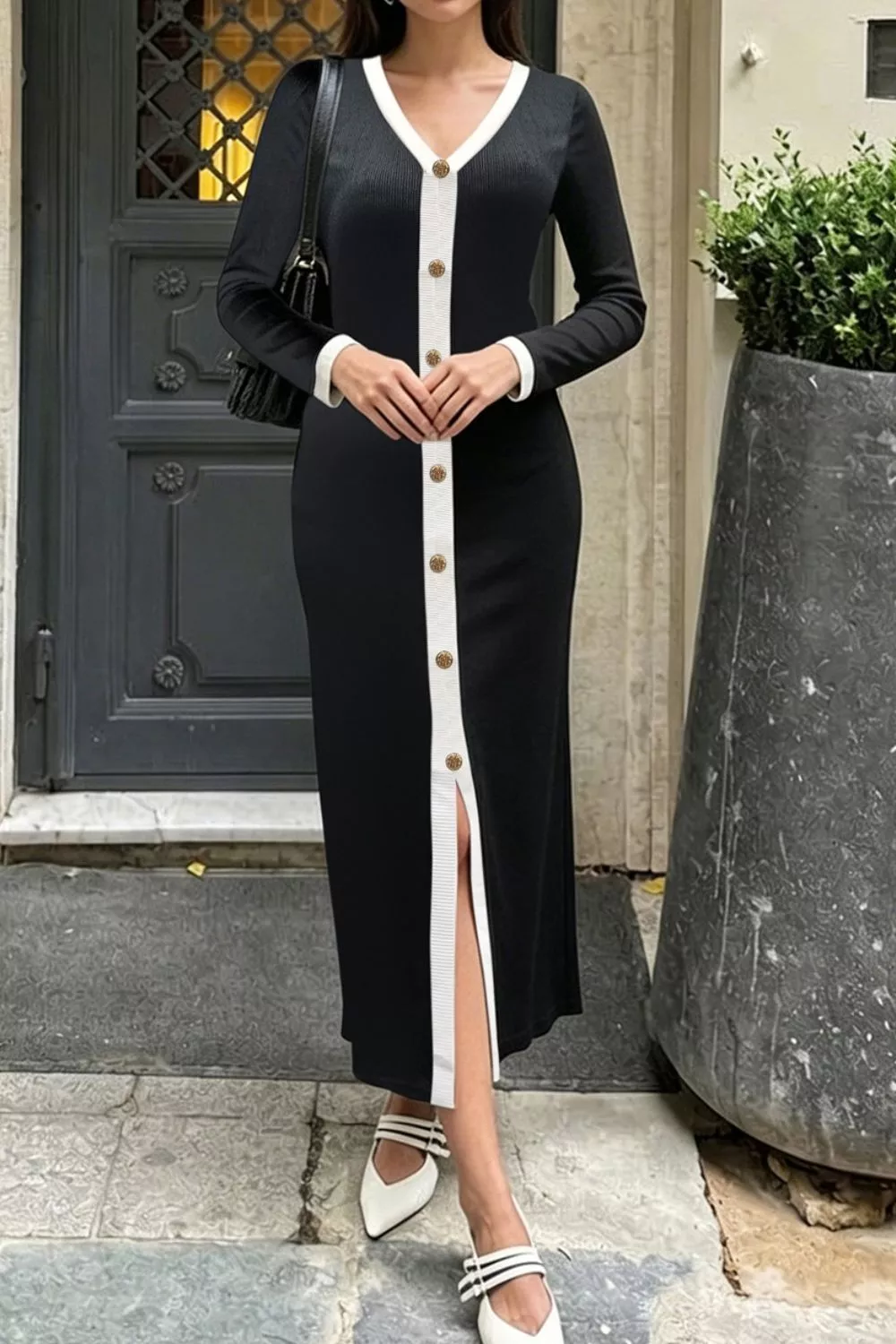 Contrast Trim V-Neck Knit Dress, image 3