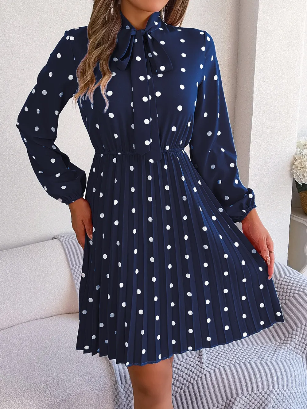 Polka Dot Tie Neck Pleated Dress, image 10