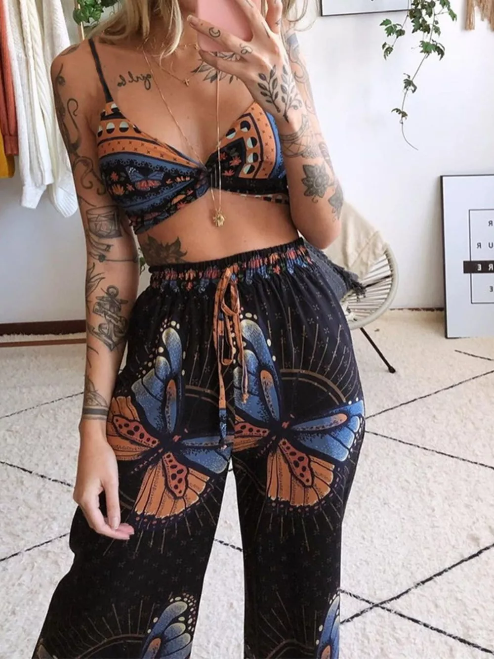 Boho Butterfly Print Top and Pants Set, image 4