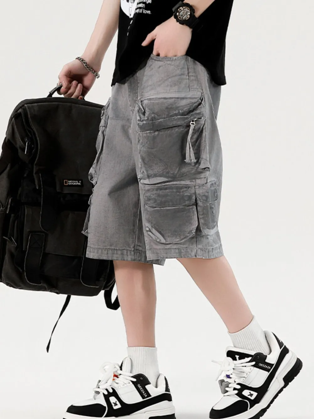 Men's Wide Leg Cargo Denim Shorts, image 5