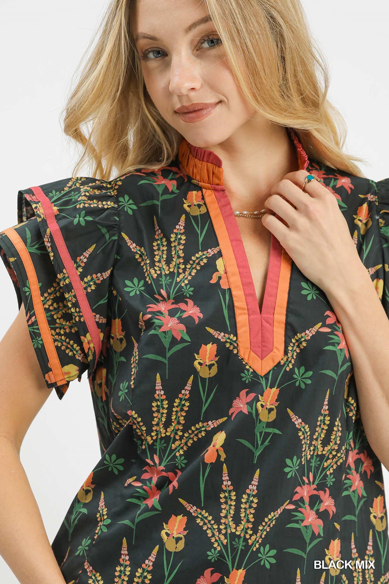 Mix Floral Print Blouse with Contrast Trim, image 4
