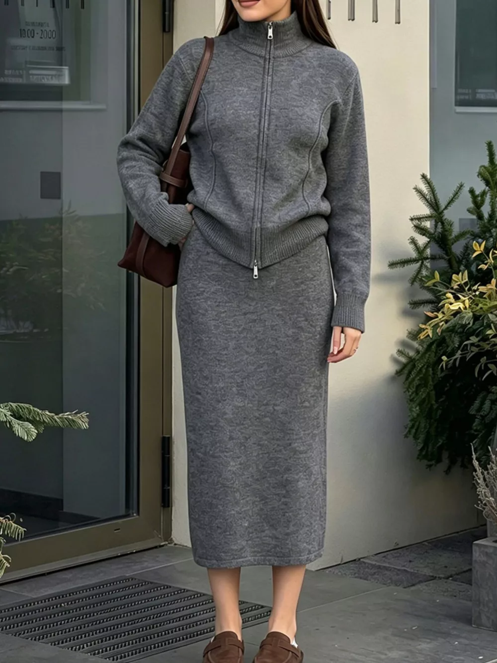 Zip-Up Mock Neck Cardigan and Matching Midi Skirt Sweater Set
