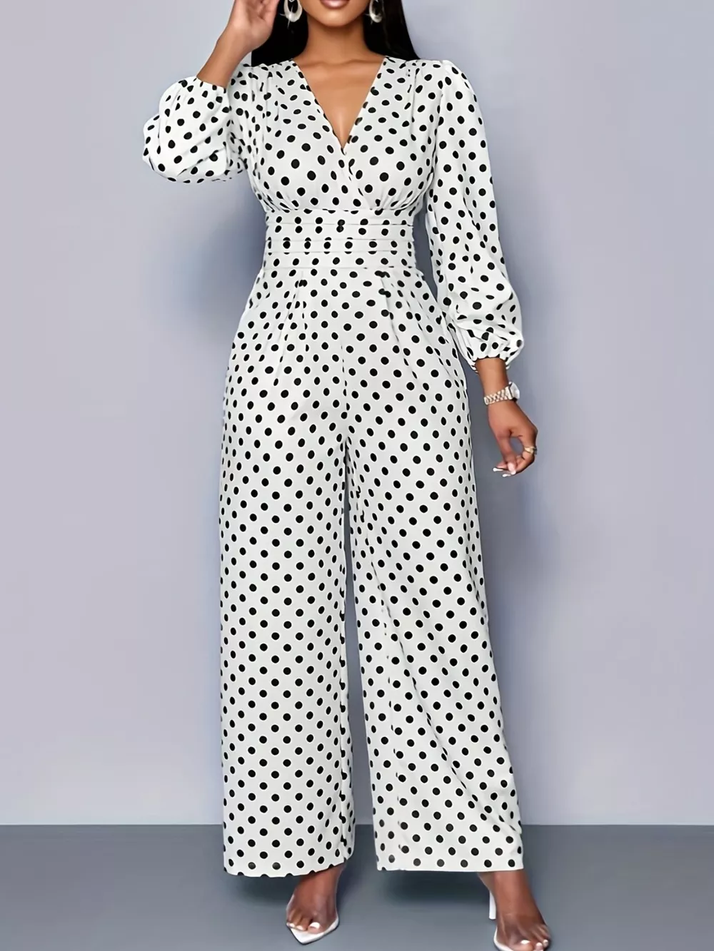 Polka Dot Long Sleeve Wide Leg Jumpsuit, image 3
