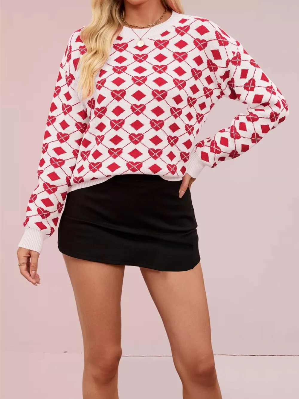 Heart Pattern Argyle Knit Long Sleeve Sweater, image 4