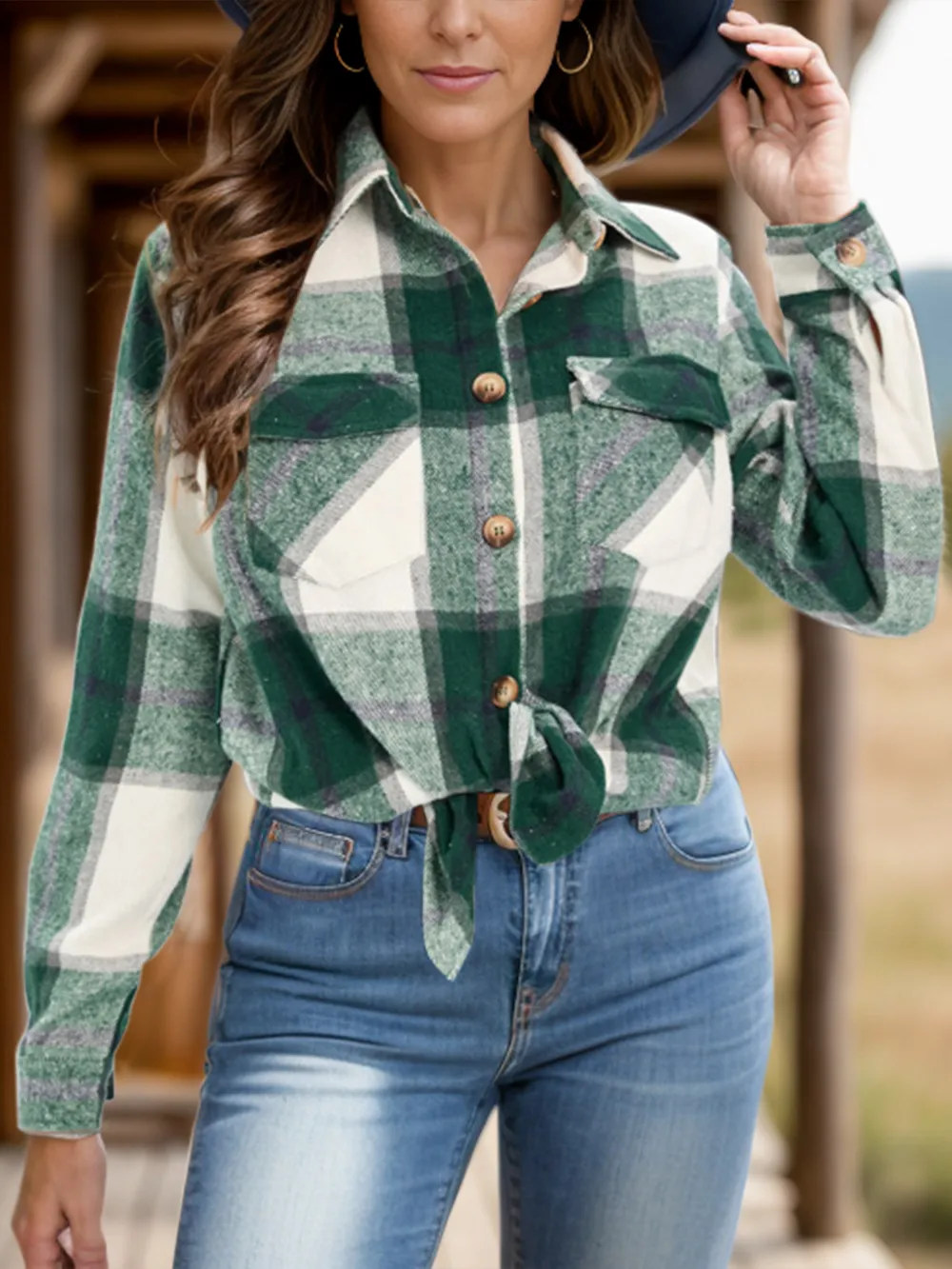 Full Size Pocketed Plaid Collared Neck Shacket, image 11