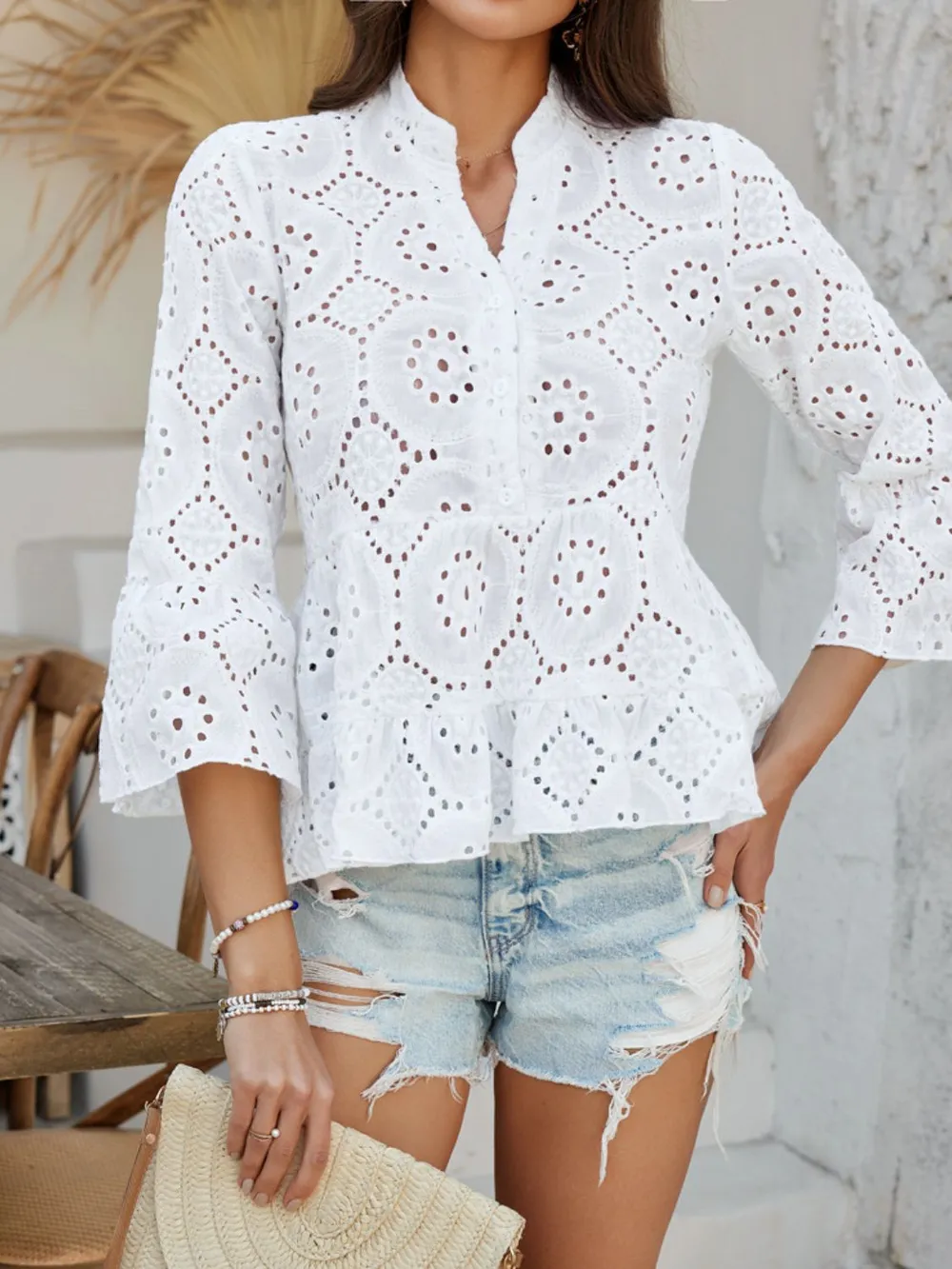 Half Button Flounce Sleeve Peplum Blouse, image 17