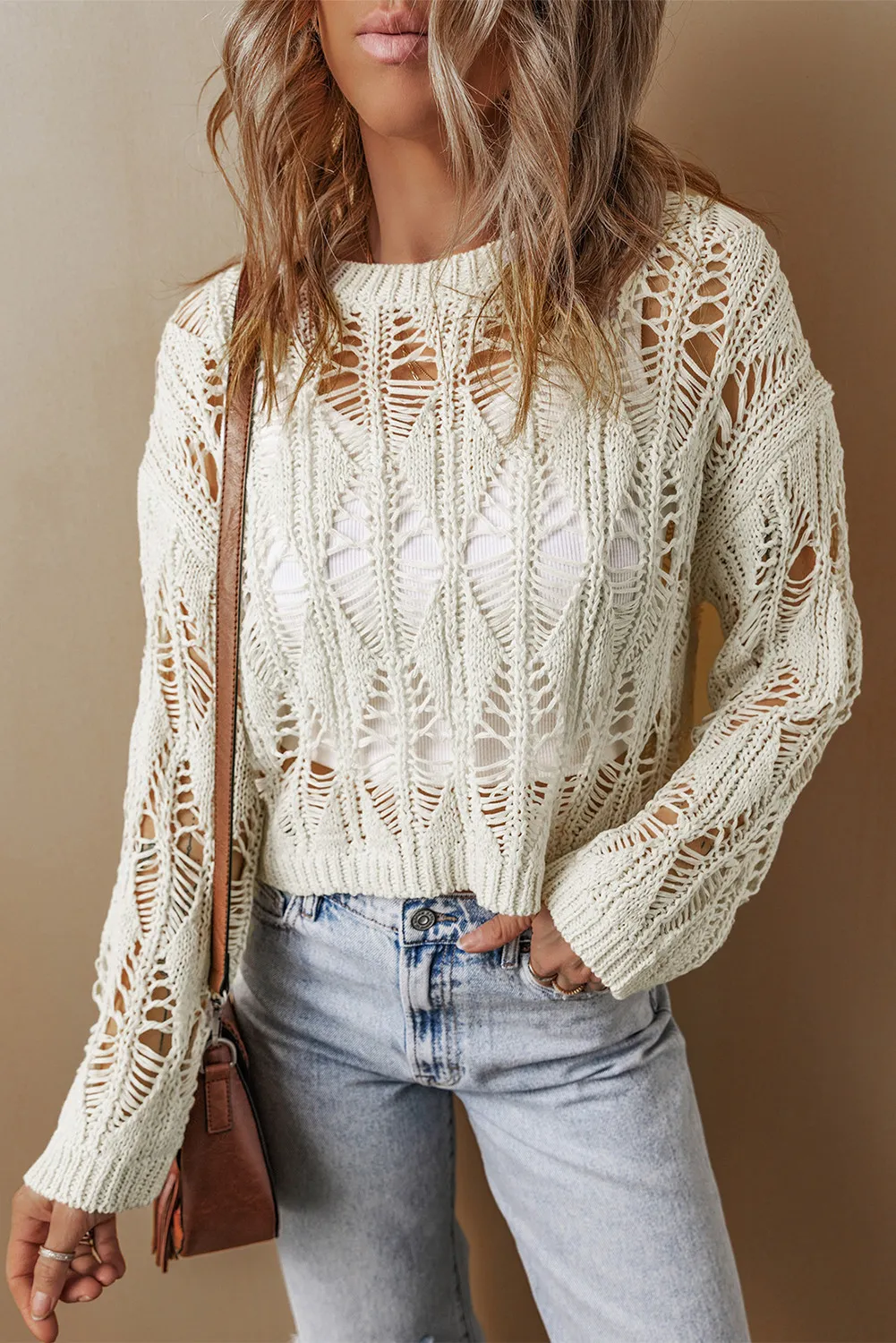 Cutout Round Neck Long Sleeve Knit Cover Up, image 5