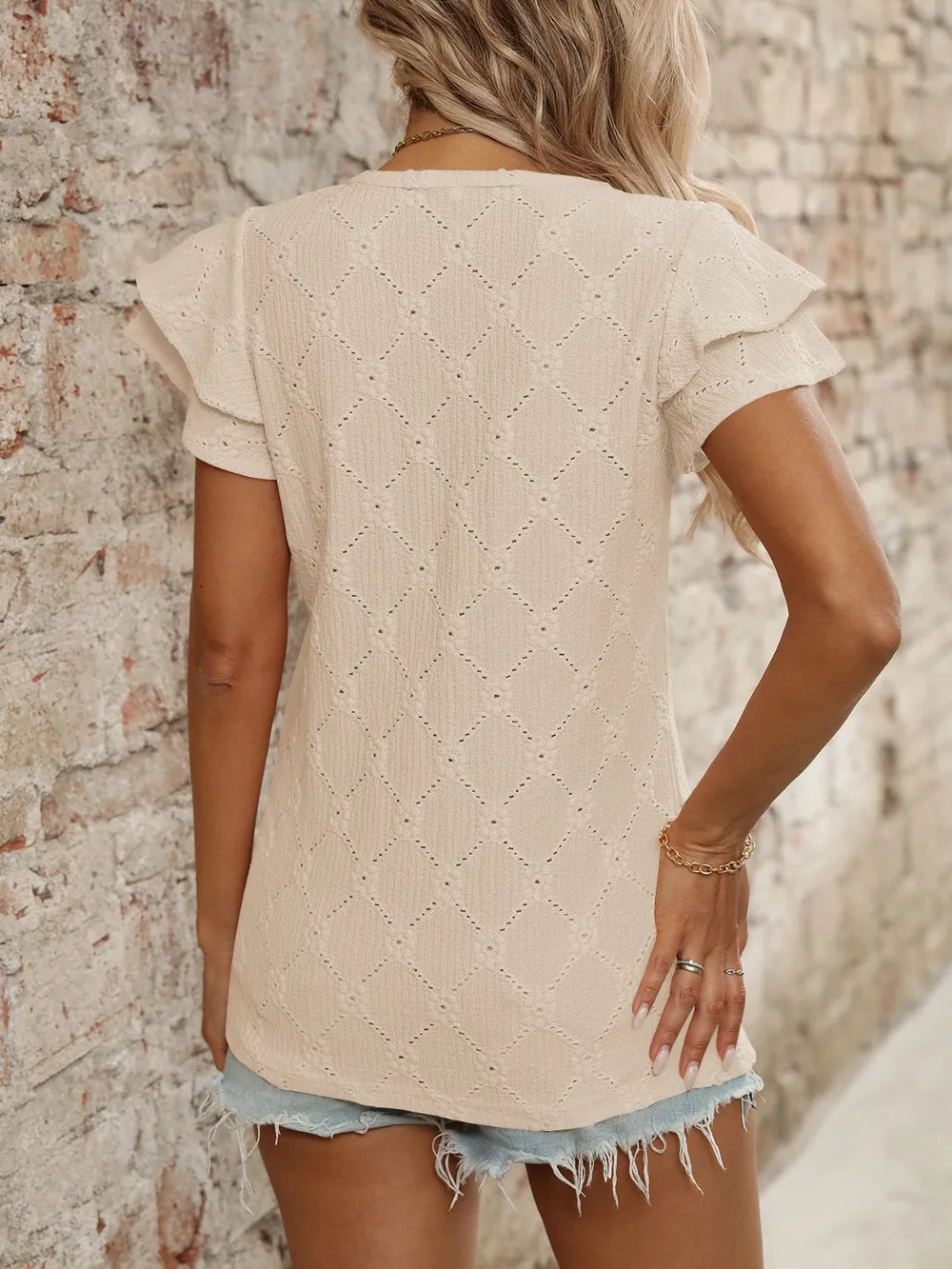 Eyelet V-Neck Ruffled Cap Sleeve Top, image 31