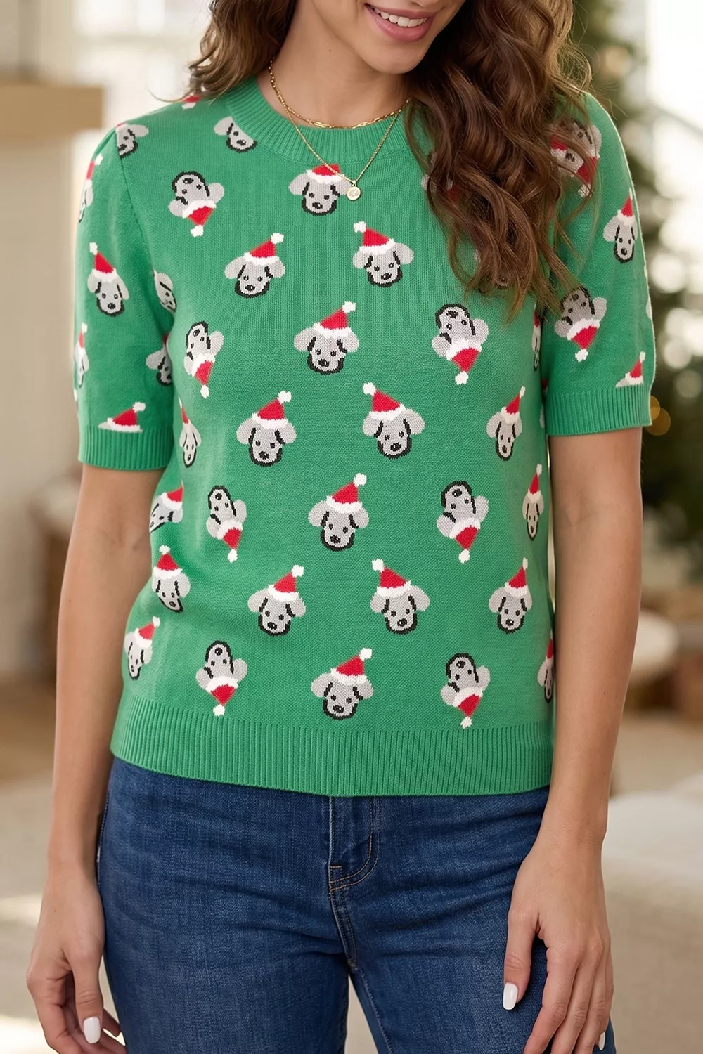Abstract Dog Pattern Christmas Round Neck Short Sleeve Sweater, image 3
