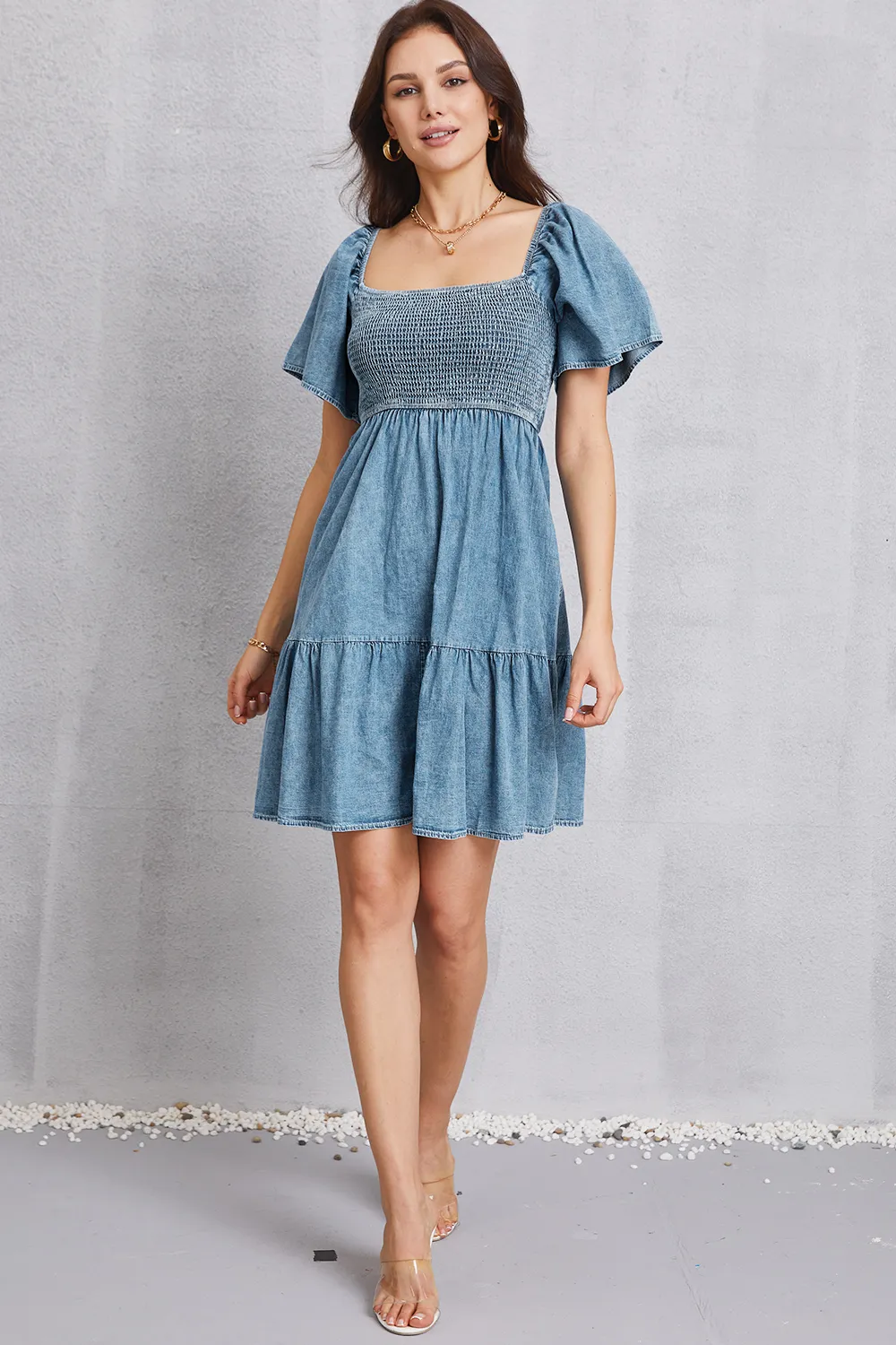 Smocked Square Neck Mini Denim Dress, image 8