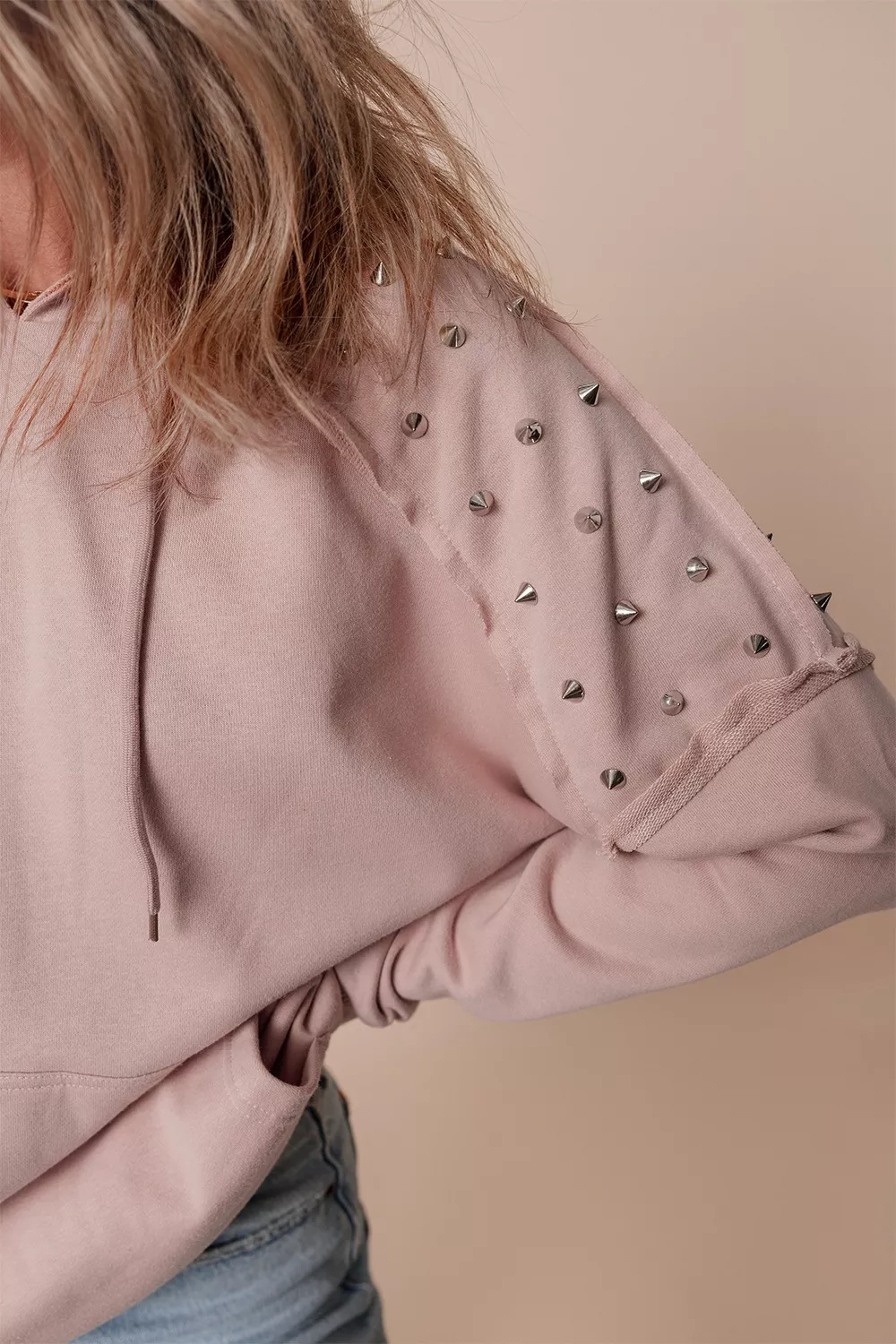 Drawstring Studded Shoulder Hoodie, image 3