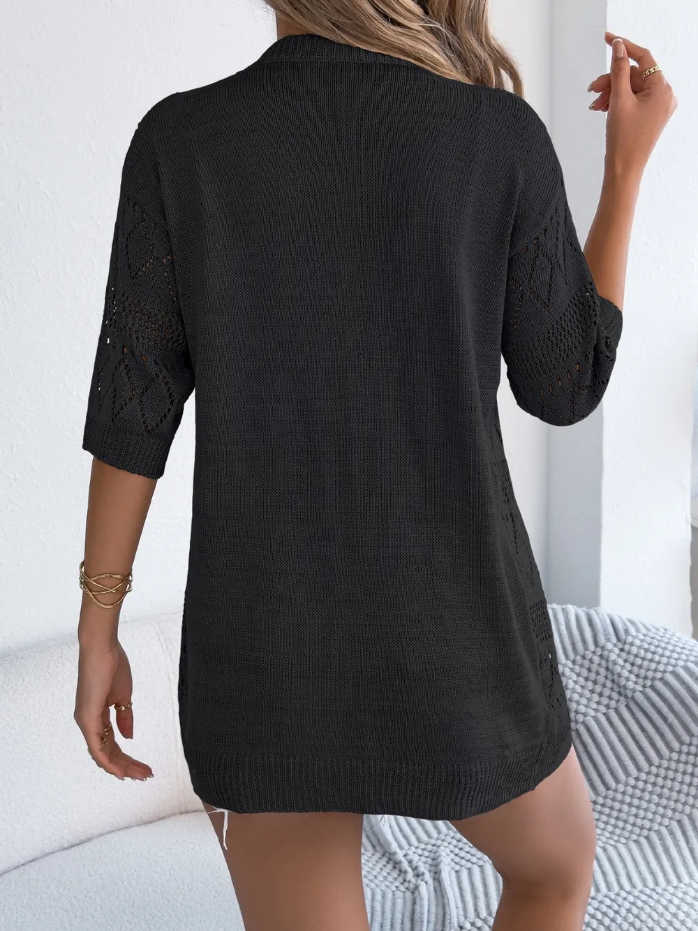 Openwork Open Front Half Sleeve Cardigan, image 4