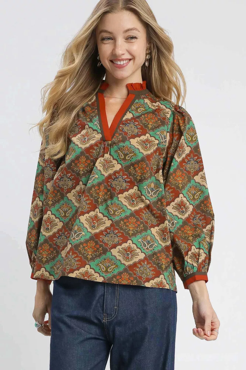 Abstract Print Ruffle Neck Top