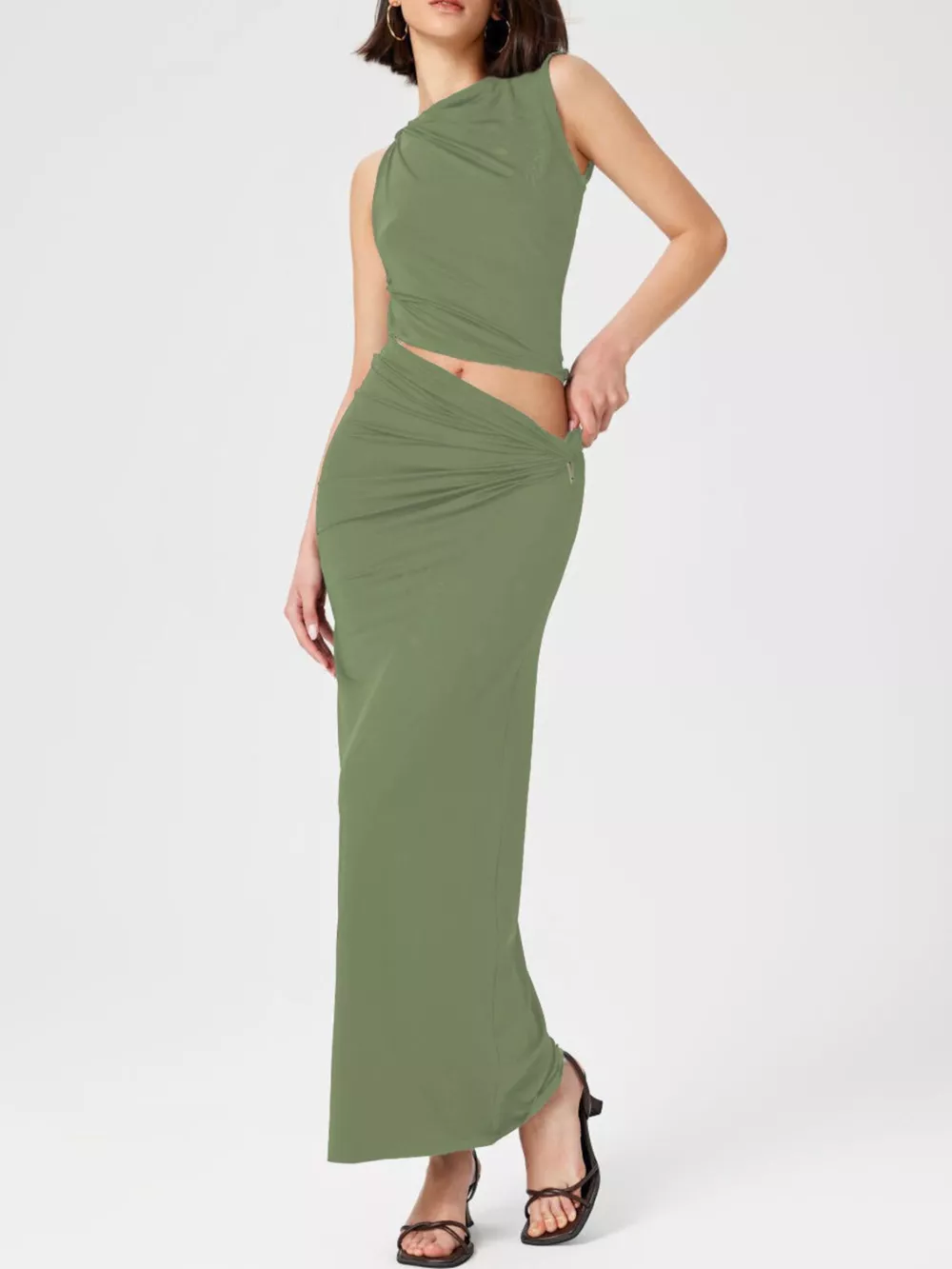 Asymmetrical Ruched Knit Top and Skirt Set, image 9