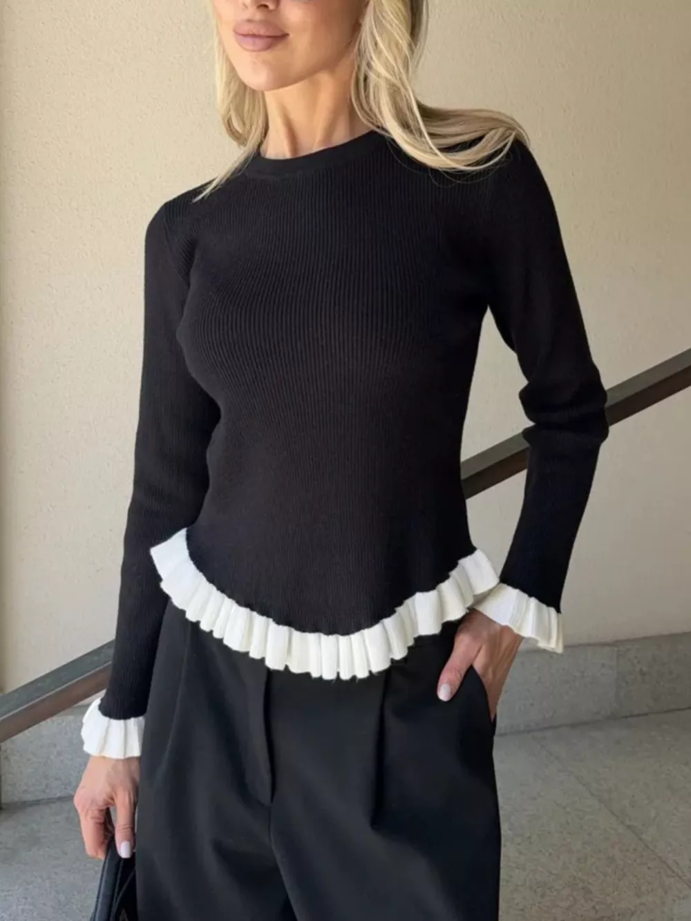 Ruffle Trim Long Sleeve Sweater, image 2