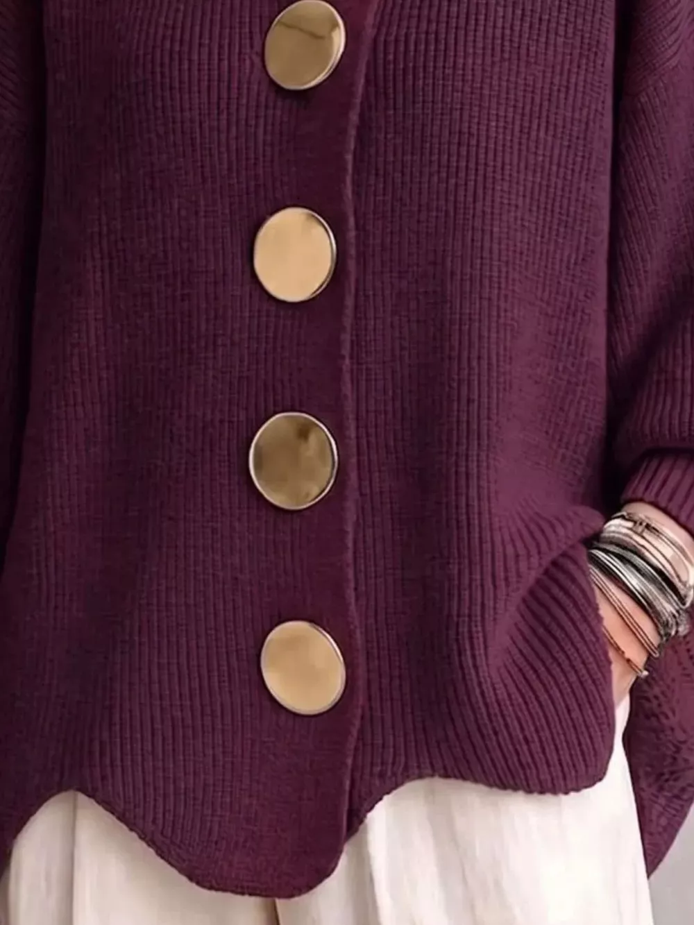 Full Size Gold Buttons Lantern Sleeve Cardigan Plus Size, image 15