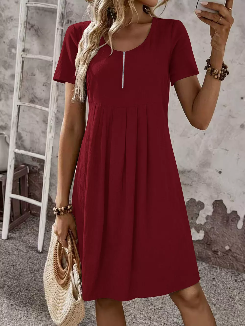 Zipper-Front Short Sleeve A-Line Dress, image 16
