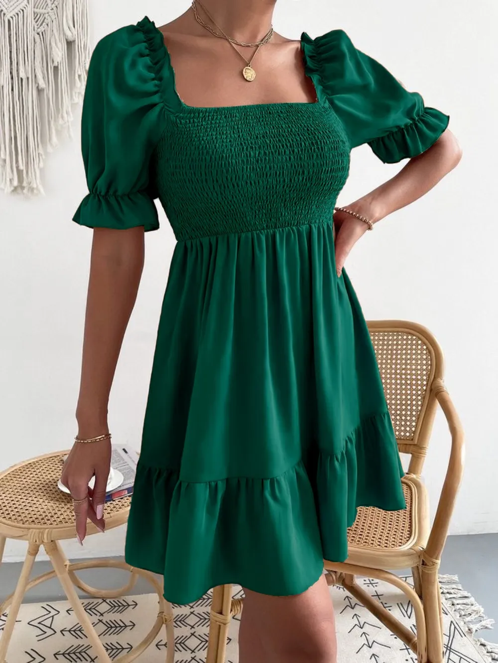 Smocked Square Neck Short Sleeve Dress, image 2