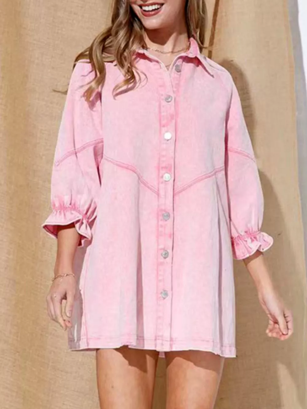 Ruffled Cuff Button-Down Denim Dress, image 7
