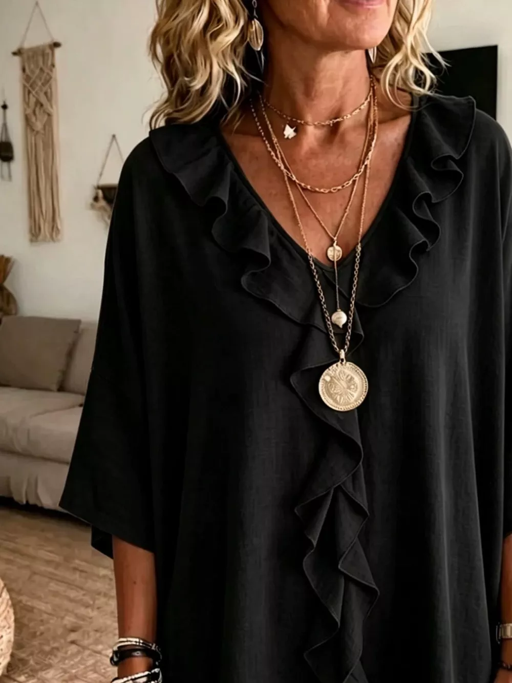 Full Size Ruffle V-Neck 3/4 Sleeve Blouse Plus Size, image 10