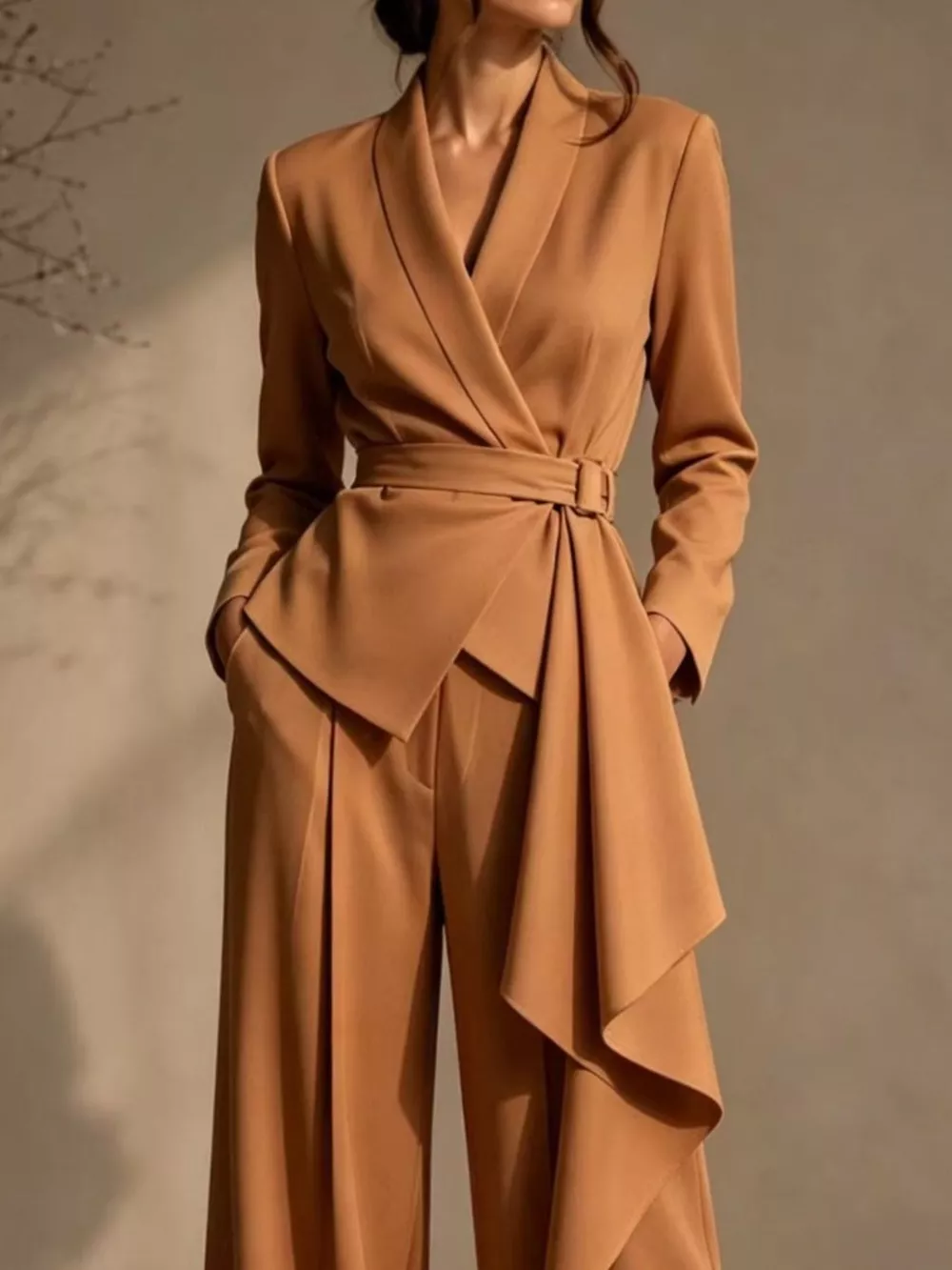 Full Size Belted Blazer and Wide-Leg Pants Set Plus Size, image 3