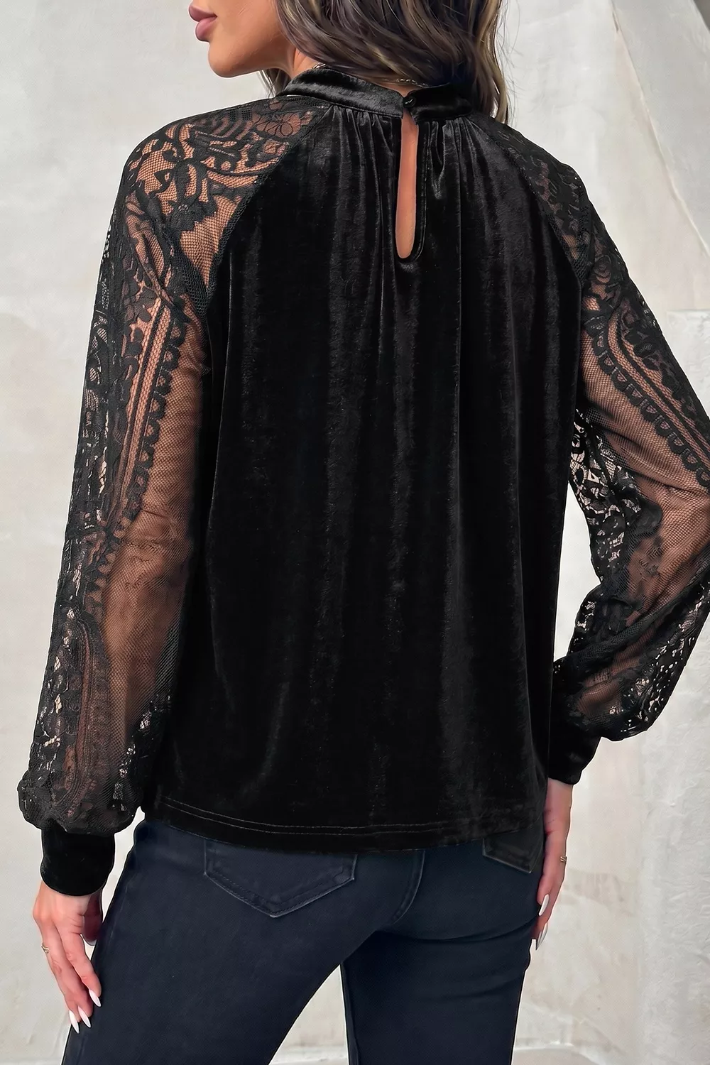 Solid Color Sheer Lace Long Sleeve Patchwork Stand Neck Velvet Blouse, image 6