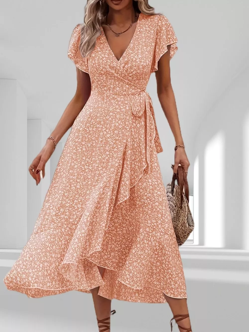 Floral Print Ruffle Hem Wrap Midi Dress, image 3