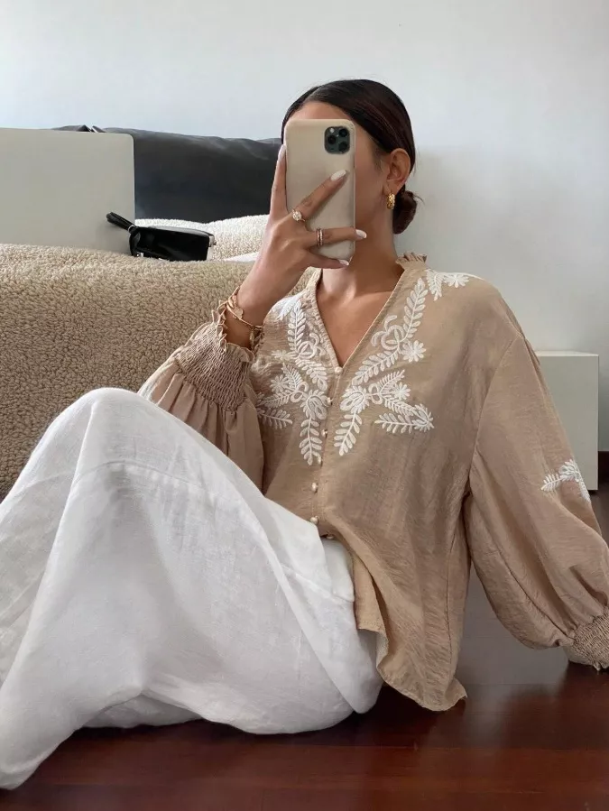 Embroidered Notched Long Sleeve Blouse, image 19