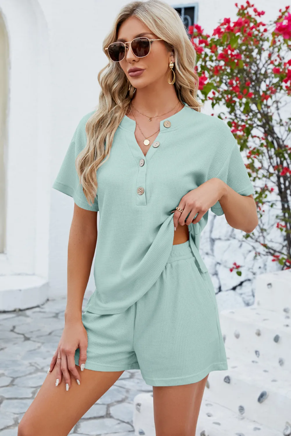 Notched Button Detail Dropped Shoulder Top and Shorts Set, image 20