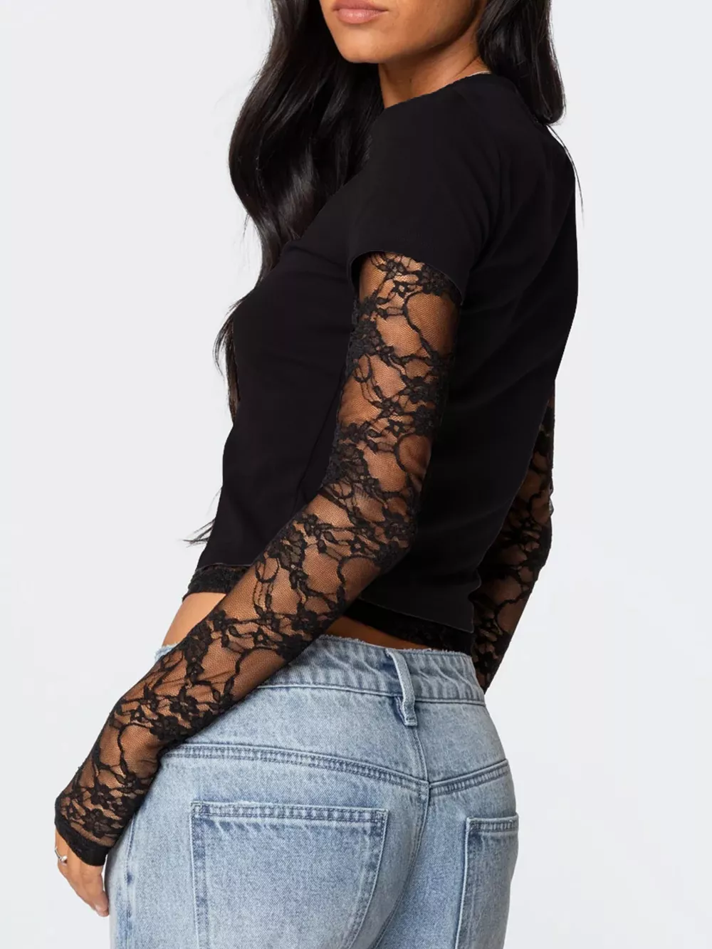 Cropped T-Shirt with Sheer Lace Sleeves, image 8