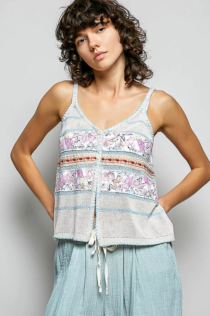 Printed Contrast Button Down Cami with Trim Detail and Blanket Stitch
